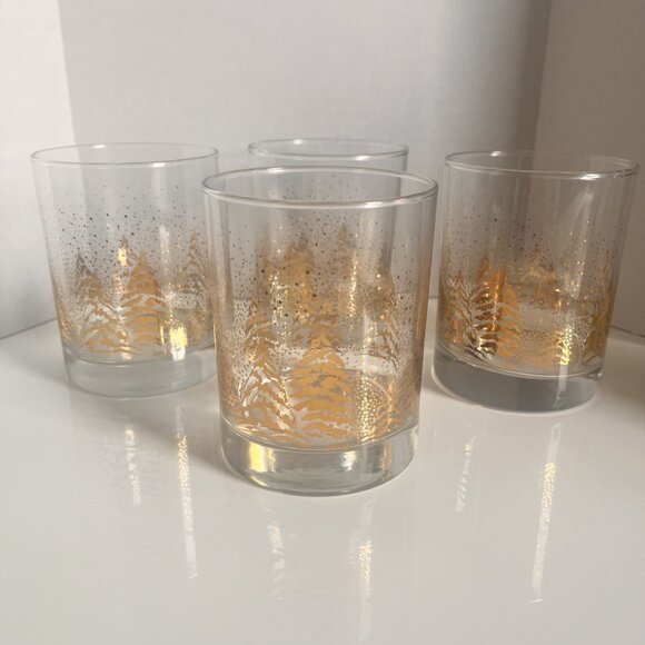 Dansk Vtg Golden Pines 12 0z Double Old Fashioned Glasses (4) Christmas Holiday - Picture 1 of 4